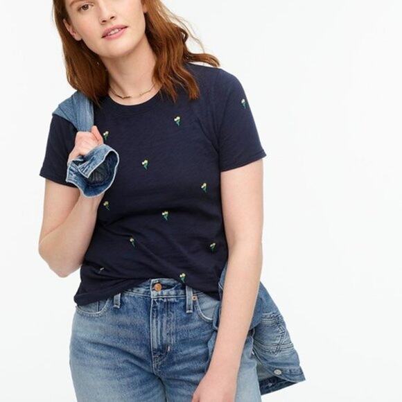 NWT J. Crew Navy Embroidered Tulips Slub Cotton Crewneck T-shirt - SIZE SMALL - Picture 3 of 7